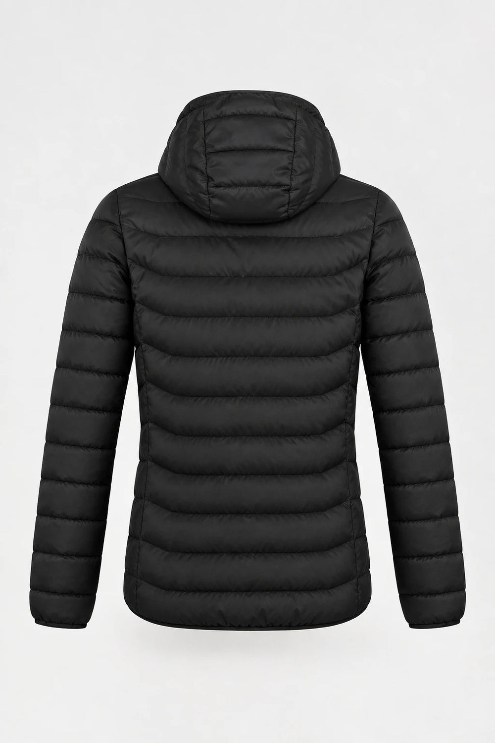 Vista trasera de la chaqueta calefactable Ramvico en negro, con capucha